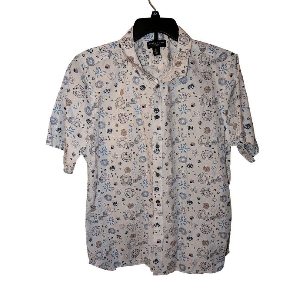 Pronto Uomo Mens XL Short Sleeve‎ Button Down Shirt White Blue Medallion Print